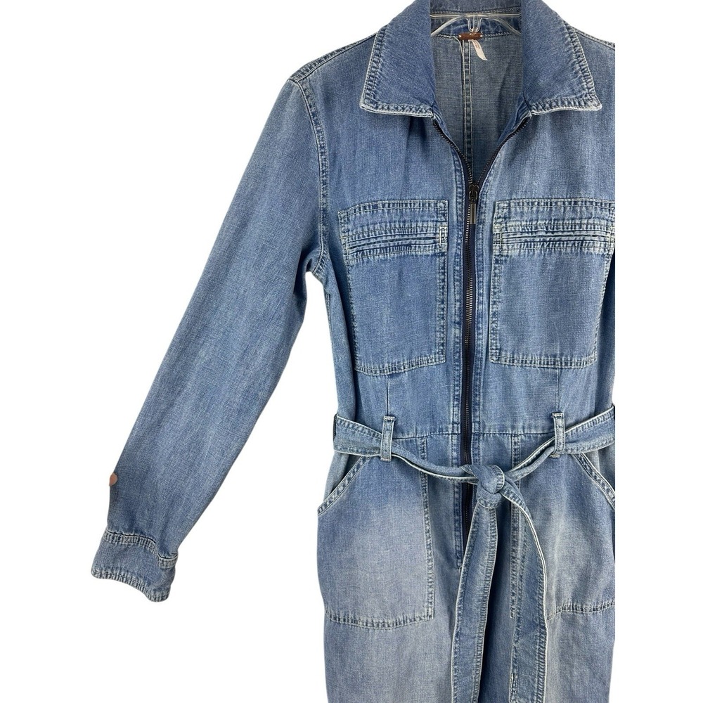 Free People Charlie Denim Jumpsuit Womens Sz 4 Coverall Pockets Zip Front - Picture 4 of 13
